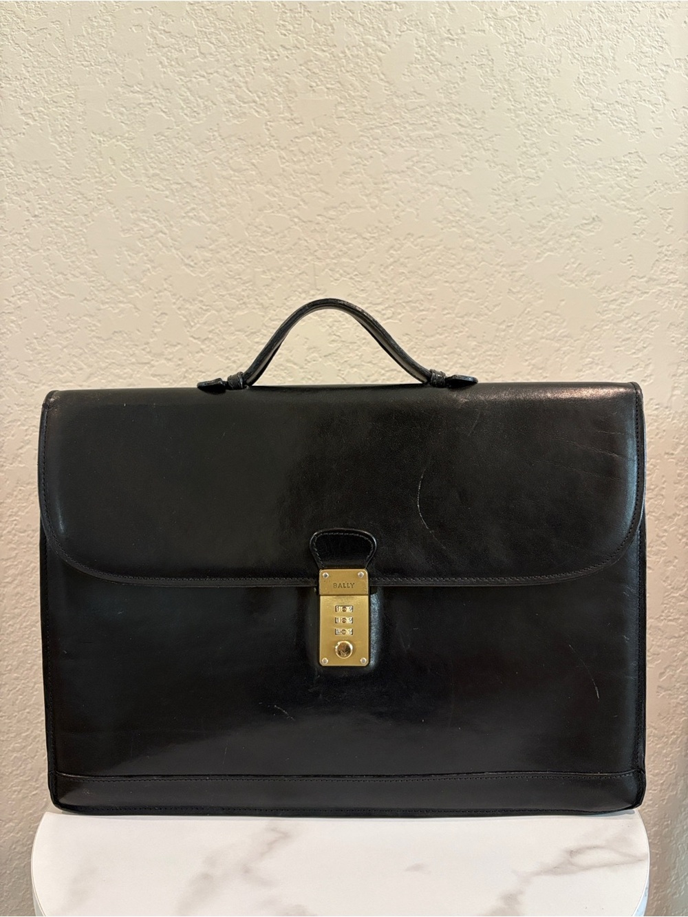 Bally Black Leather Briefcase with Gold-Tone Combination Lock